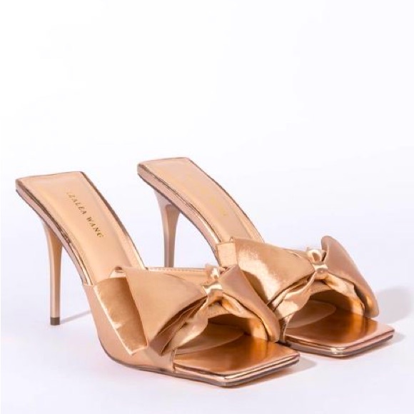 Azalea Wang Golden Beige Satin Bow Stiletto High Heel Mule Sandals - Picture 1 of 5